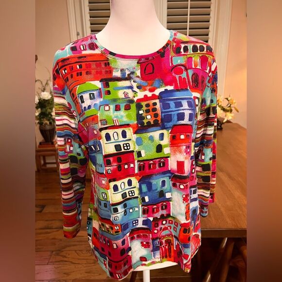 Chico’s Artsy Abstract Multicolor Pullover Top L Made in Canada Statement Piece - Picture 6 of 8